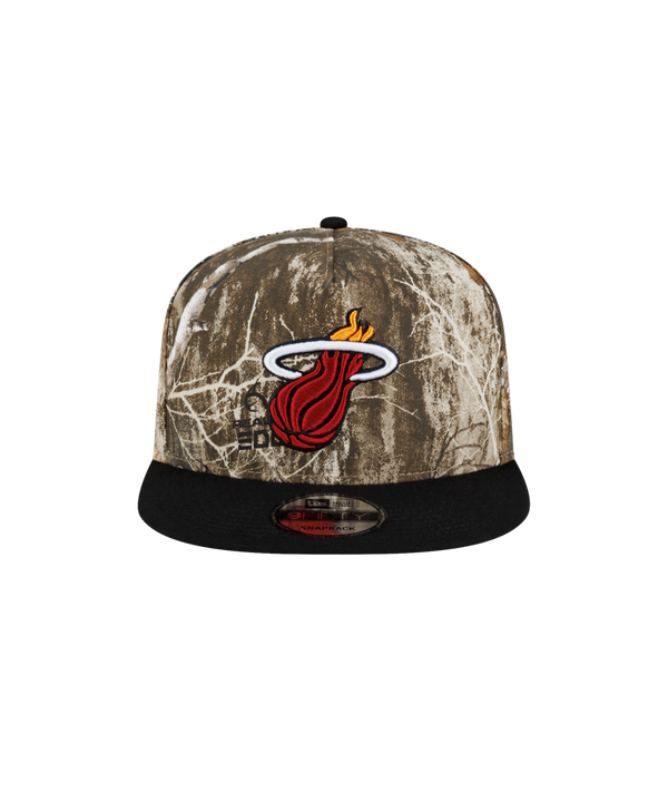 Court Culture x New Era Camo Snapback A-frame cap featuring a camouflage crown, black cotton visor, and an embroidered Miami Heat logo on the front.