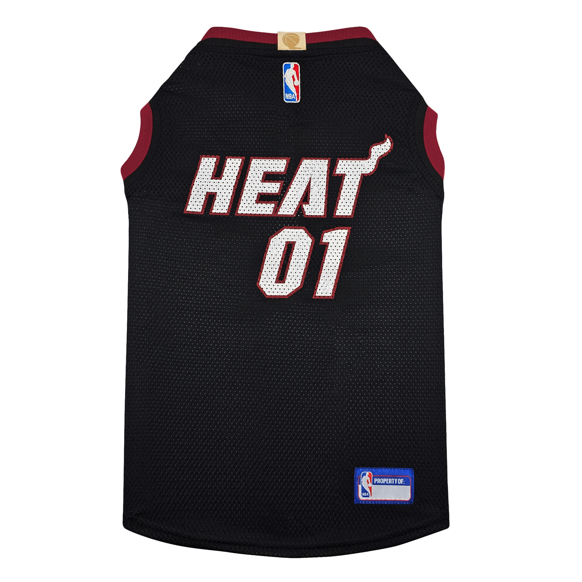 The Pets First Miami HEAT Pet Jersey features black mesh with red trim, HEAT 01 in white and red on the back, an NBA logo on the neck, and a small NBA Properties patch—ideal sports apparel for your dog’s jersey collection.