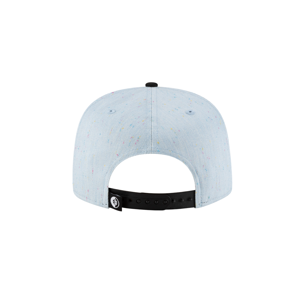 Back view of the Court Culture Original Vice Nights Wordmark Snapback in Denim/Black, featuring a cotton visor, black adjustable snapback strap with a black-and-white label. One size fits most; spot clean. Set against a plain white background.