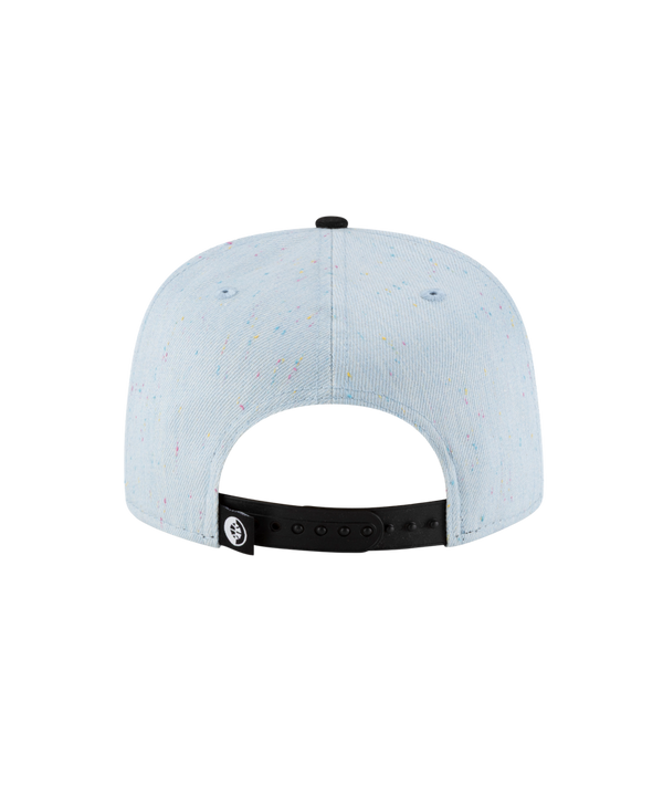 The Court Culture Original Vice Nights Wordmark Snapback in denim and black features “Miami” in bold white script on the front, a black cotton visor, a New Era sticker, and is one size fits most. Displayed against a plain white background.