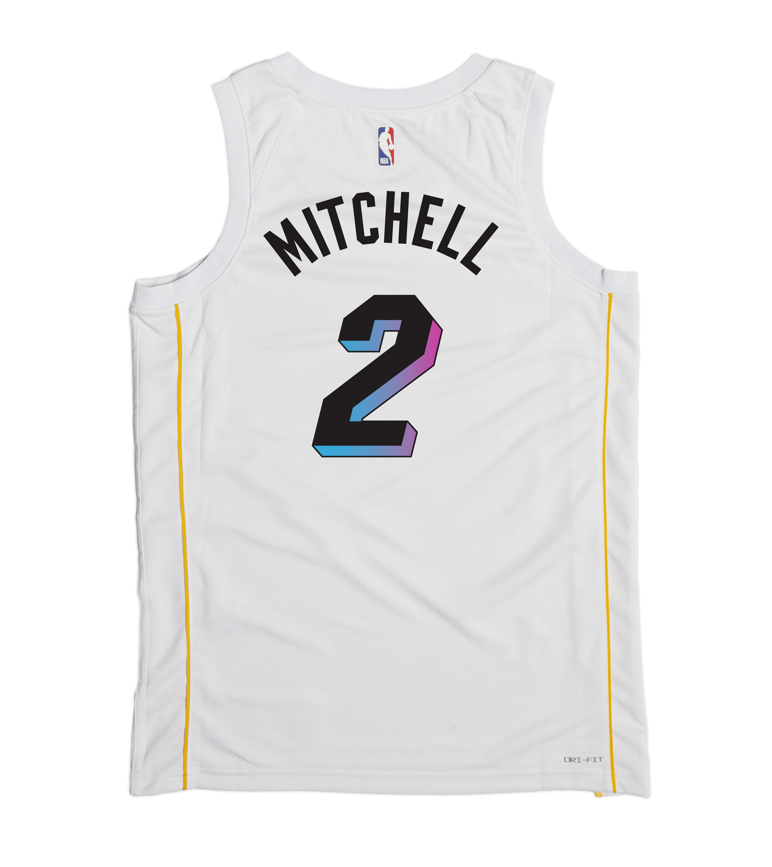 The Davion Mitchell Nike Miami Mashup Vol. 2 Swingman Jersey is a white polyester Nike jersey with yellow side stripes, MITCHELL and number 2 in bold on the back, authentic logos, and the NBA logo near the collar.