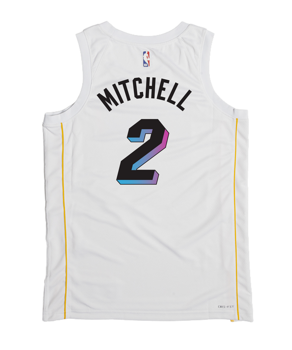 The Davion Mitchell Nike Miami Mashup Vol. 2 Swingman Jersey is a white, breathable polyester jersey with colorful 