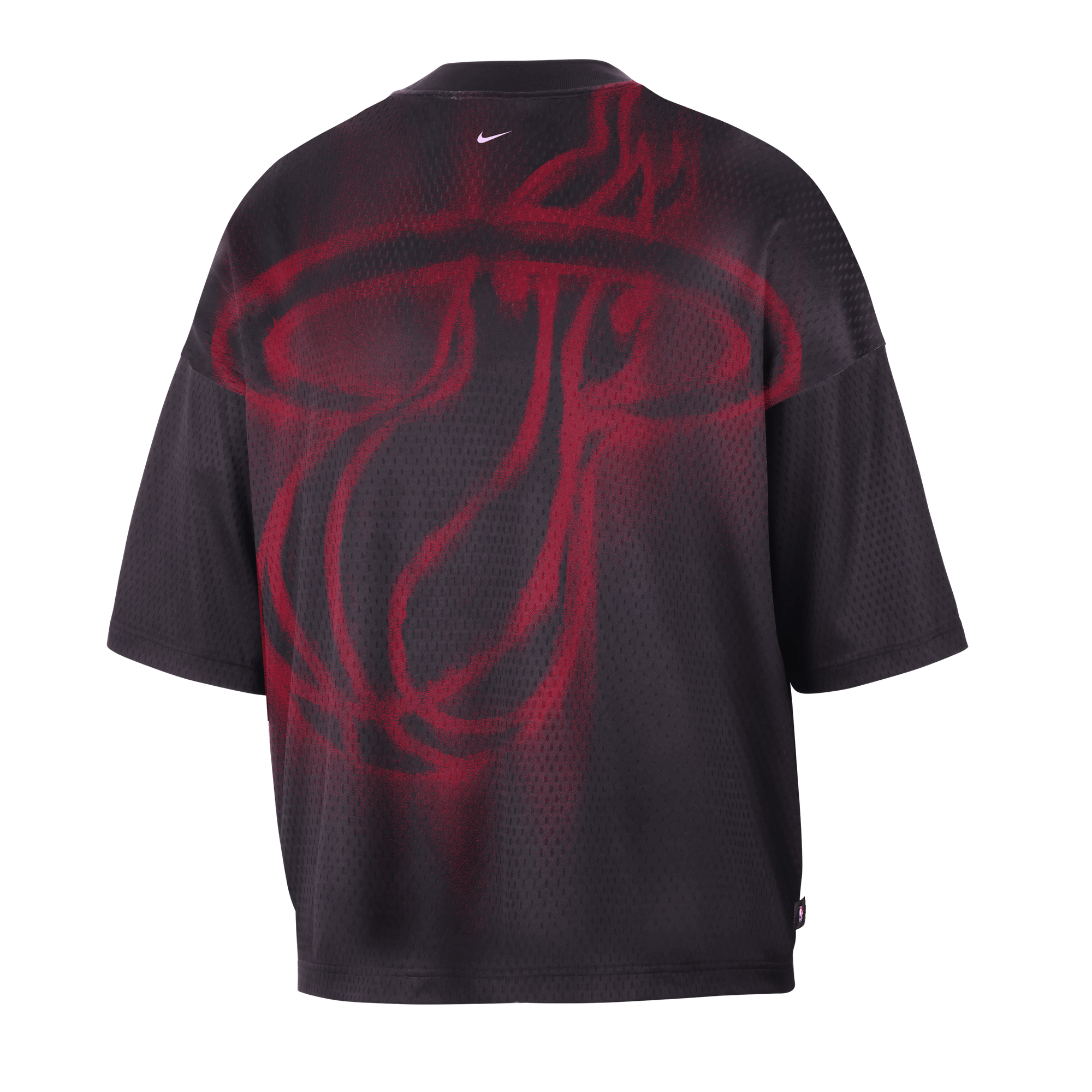 The Nike Miami HEAT Standard Issue Logo Game Tee by Nike features a black mesh design with a bold red Miami Heat basketball logo across the back and the iconic Nike Swoosh above the logo near the neckline. Made from washable polyester in a relaxed fit, this tee offers comfort both on and off the court.
