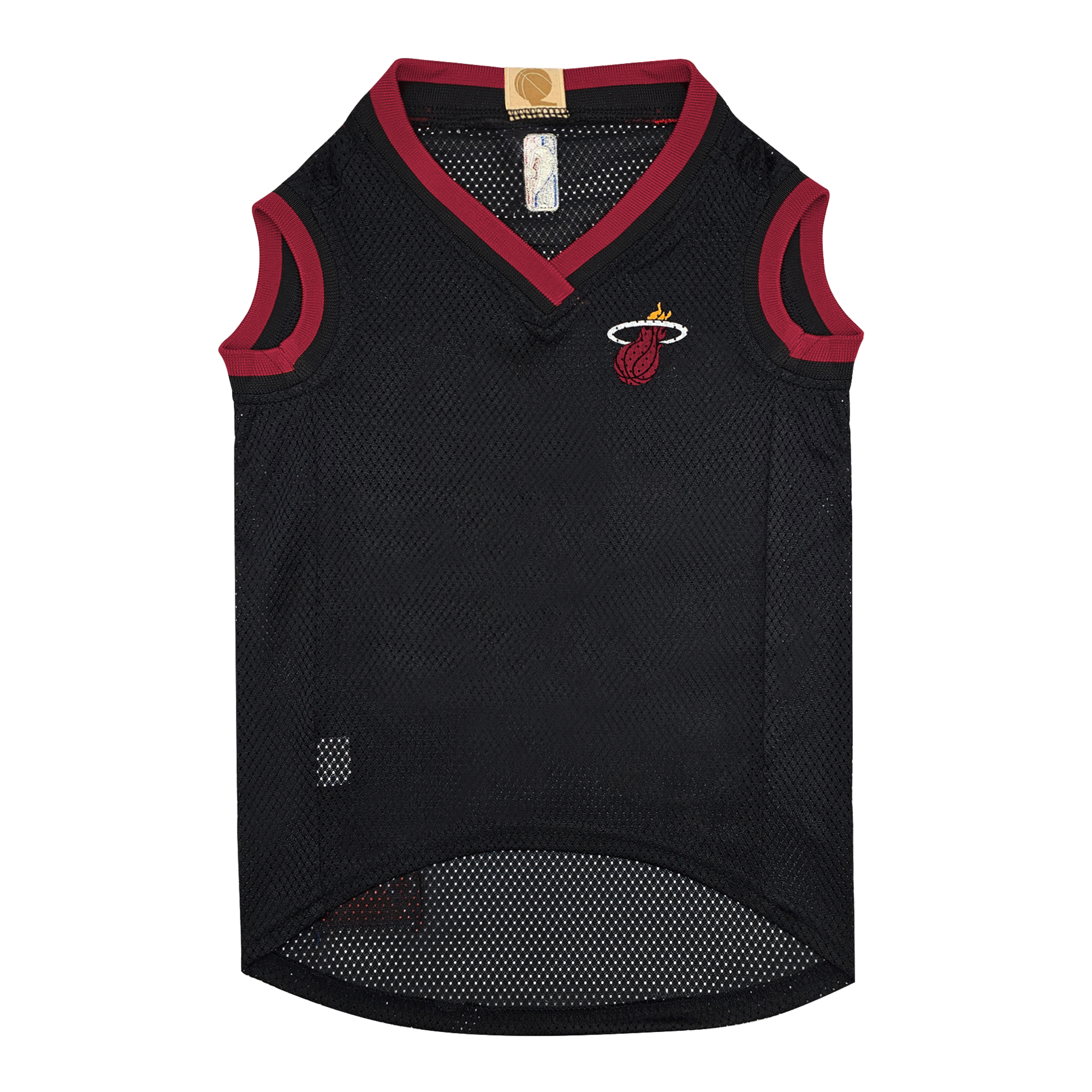 The Pets First Miami HEAT Pet Jersey is a black, sleeveless mesh jersey with maroon trim and an embroidered team logo—ideal sports apparel for dogs.