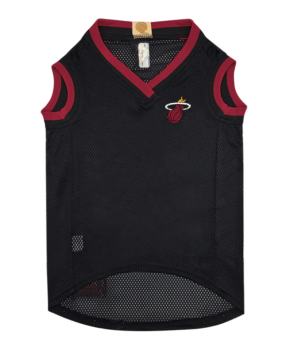 The Pets First Miami HEAT Pet Jersey features black mesh with red trim, HEAT 01 in white and red on the back, an NBA logo on the neck, and a small NBA Properties patch—ideal sports apparel for your dog’s jersey collection.