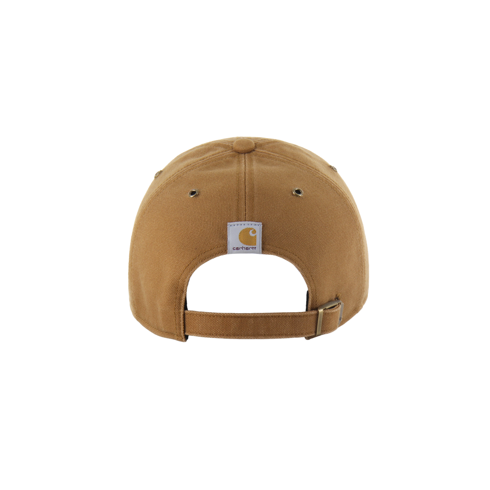 A tan '47 Brand Carhartt Miami HEAT Dad Hat viewed from the back, with an adjustable strap, metal buckle, and small Carhartt logo patch above the opening. One size fits most; spot clean for easy care.