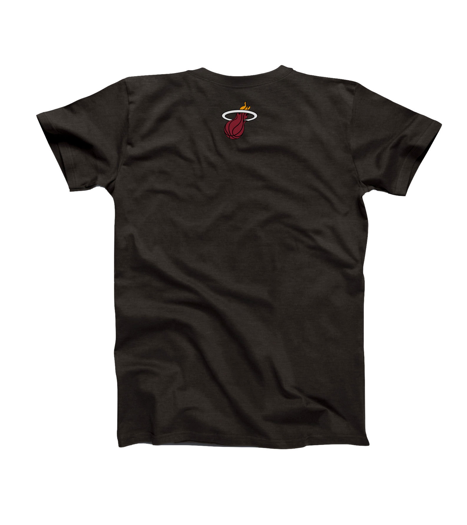 The Miami HEAT Paper Duck Tape Tee by Duck Tape is a black T-shirt with a small flaming basketball logo and white hoop near the back collar, crafted from recycled cotton for an eco-friendly NBA-inspired look.
