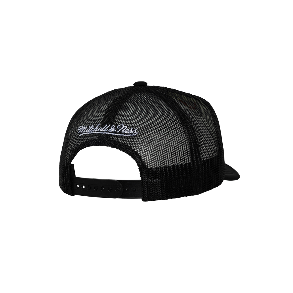 The Mitchell & Ness Miami HEAT Division Champ Trucker Snapback features black mesh, an adjustable snap closure, and 