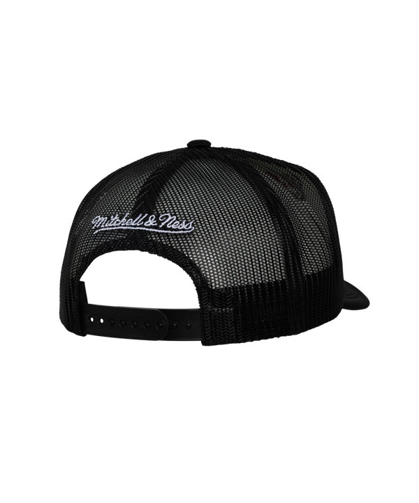 The Mitchell & Ness Miami HEAT Division Champ Trucker Snapback is a black and white polyester hat with embroidered 