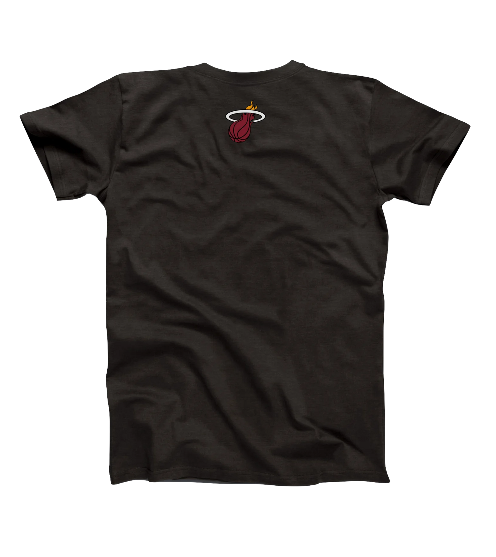 The Hoop Dogs Miami HEAT French Bulldog Tee by Hoop Dogs is a black recycled cotton t-shirt, standard fit, featuring a small flaming basketball logo near the collar on the back.