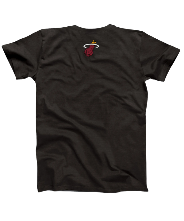 The Hoop Dogs Miami HEAT French Bulldog Tee by Hoop Dogs is a black recycled cotton T-shirt featuring an illustrated loyal French Bulldog in basketball attire standing next to a red basketball.