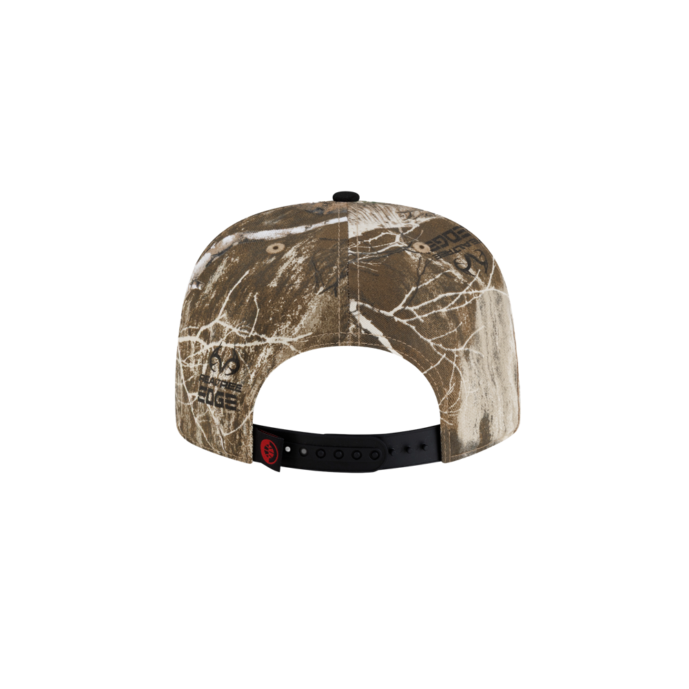 Back view of a Court Culture x New Era Camo Snapback A-frame cap with a black adjustable plastic strap.