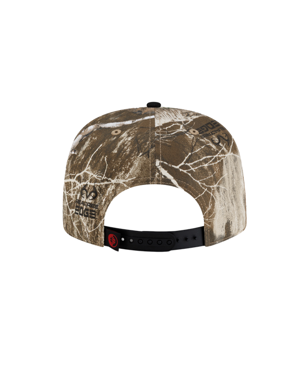 Court Culture x New Era Camo Snapback A-frame cap featuring a camouflage crown, black cotton visor, and an embroidered Miami Heat logo on the front.