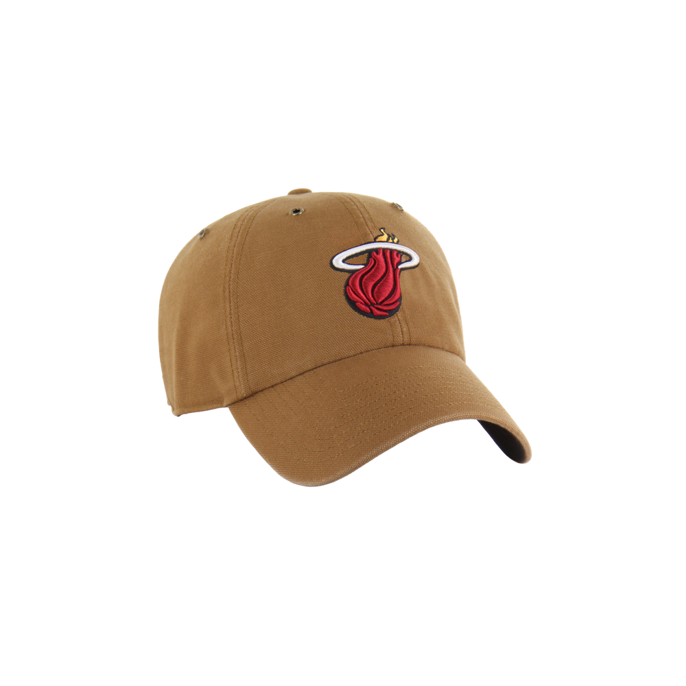 The '47 Brand Carhartt Miami HEAT Dad Hat is a brown cotton cap featuring the team's flaming red basketball logo on the front. It has a curved brim, is one size fits most, and can be easily spot cleaned.