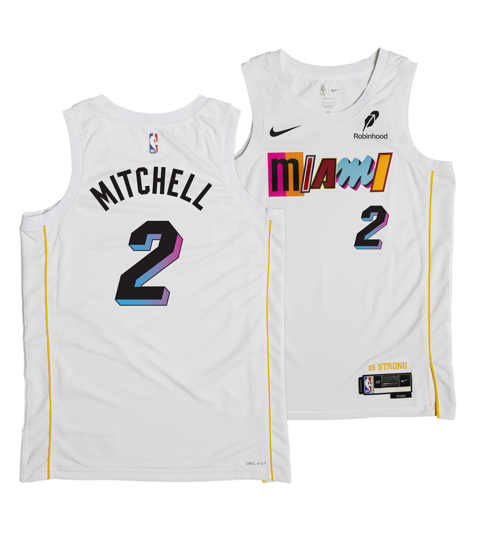 Front and back views of the Davion Mitchell Nike Miami Mashup Vol. 2 Swingman Jersey, featuring colorful 