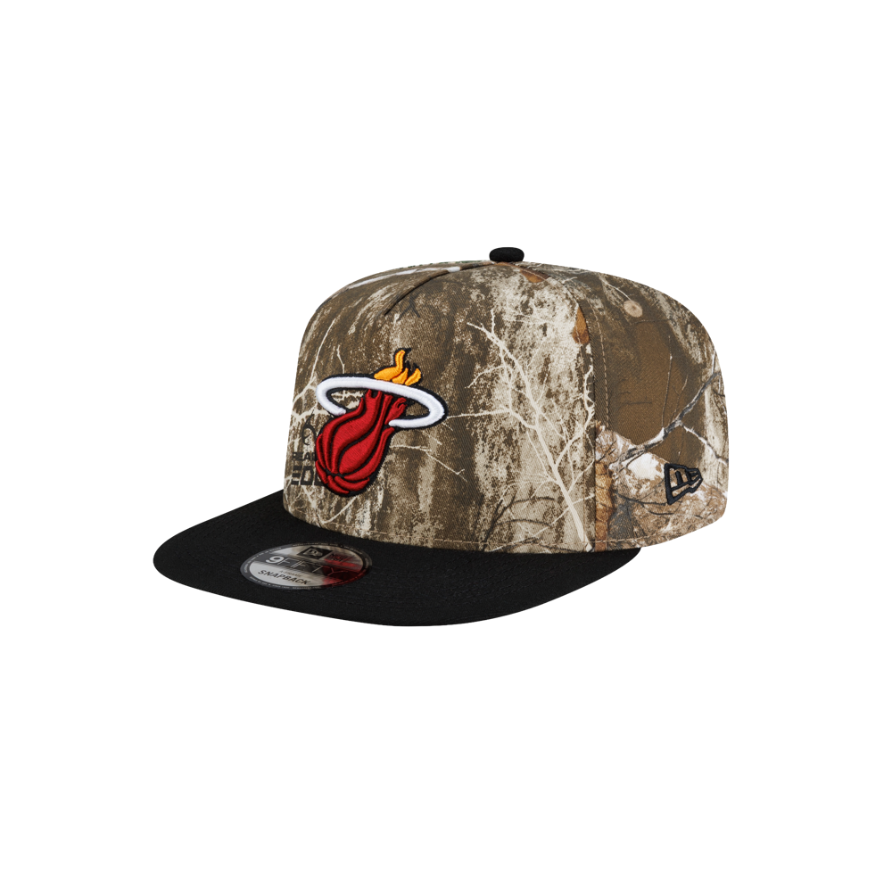 Court Culture x New Era Camo Snapback featuring a camo-print A-Frame design with a black cotton visor and the Miami Heat logo embroidered on the front.