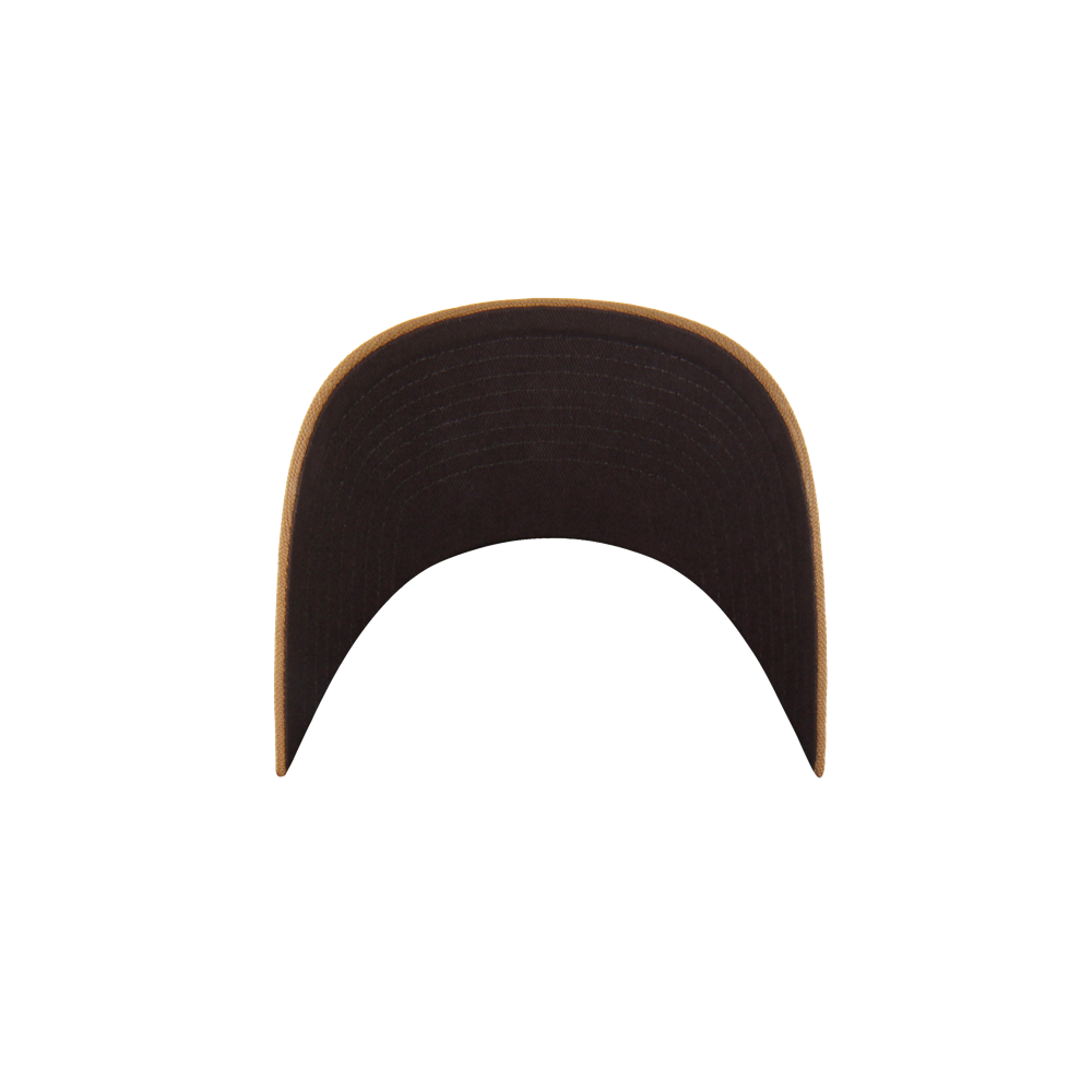 A '47 Brand Carhartt Miami HEAT Dad Hat with a black curved cotton brim and tan edge, shown from above on a white background. One size fits most; spot clean for best care.