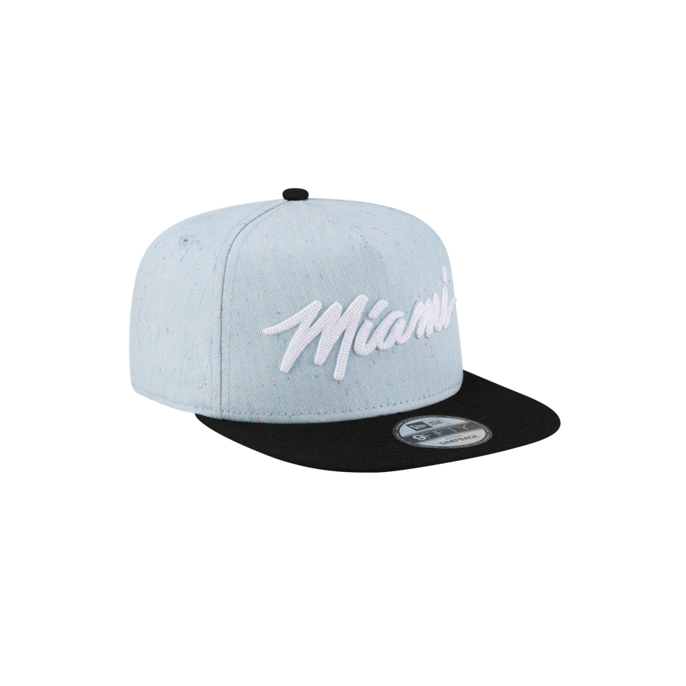 The Court Culture Original Vice Nights Wordmark Snapback features a denim blue crown, black cotton visor, and bold white 