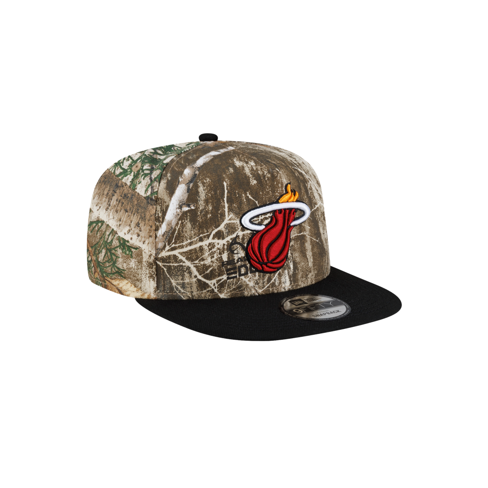 Court Culture x New Era Camo Snapback featuring a camo-pattern A-Frame design with a black cotton visor and an embroidered Miami Heat logo on the front.
