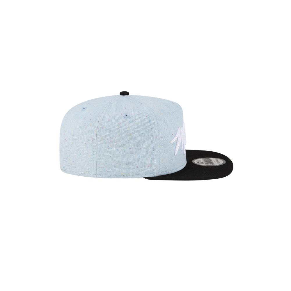 The Court Culture Original Vice Nights Wordmark Snapback in denim and black features a white side logo, black cotton visor, and adjustable fit. Shown on a plain white background. One size fits most; spot clean easily.