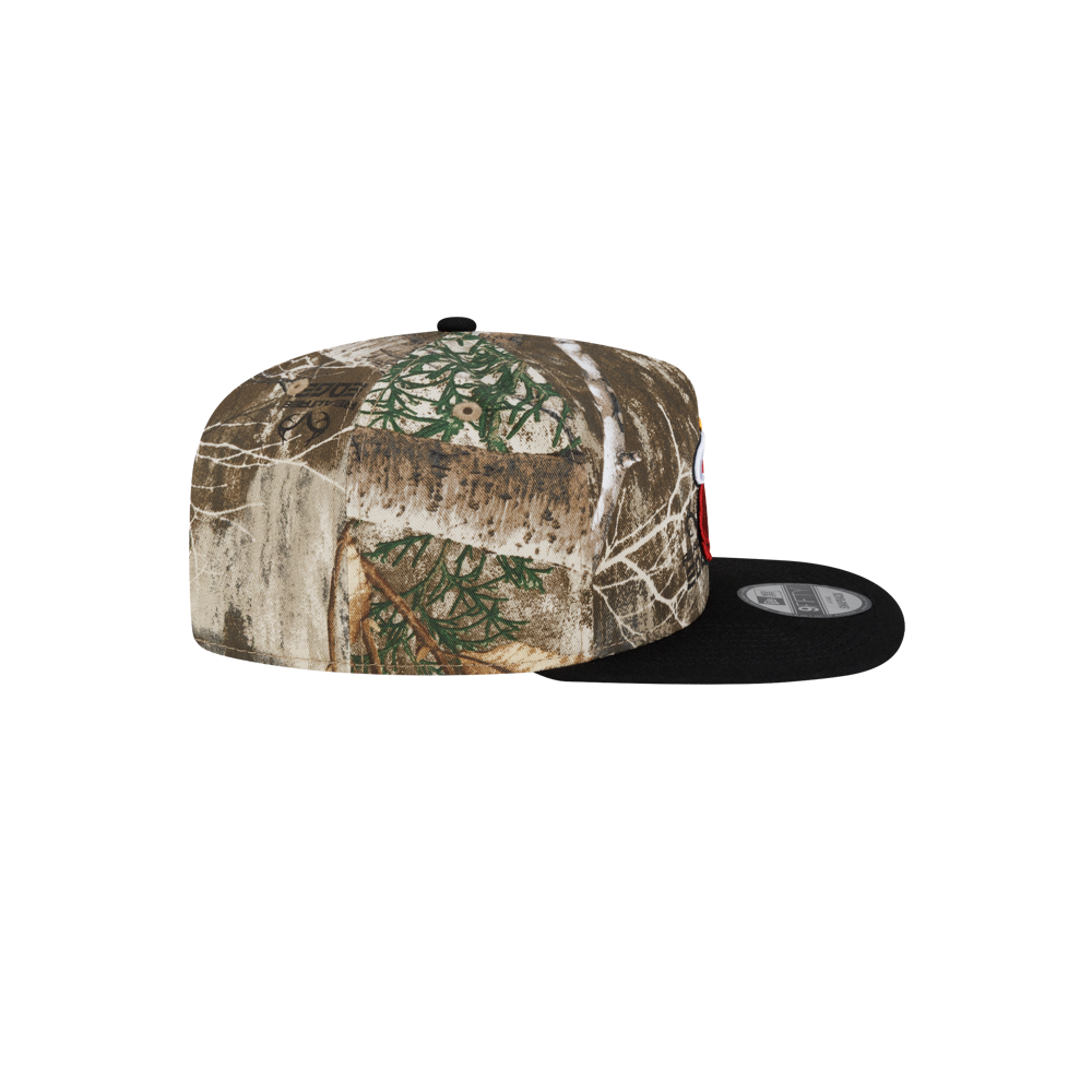 Court Culture x New Era Camo Snapback featuring an A-Frame crown with a tree bark camouflage pattern and a solid black cotton visor.