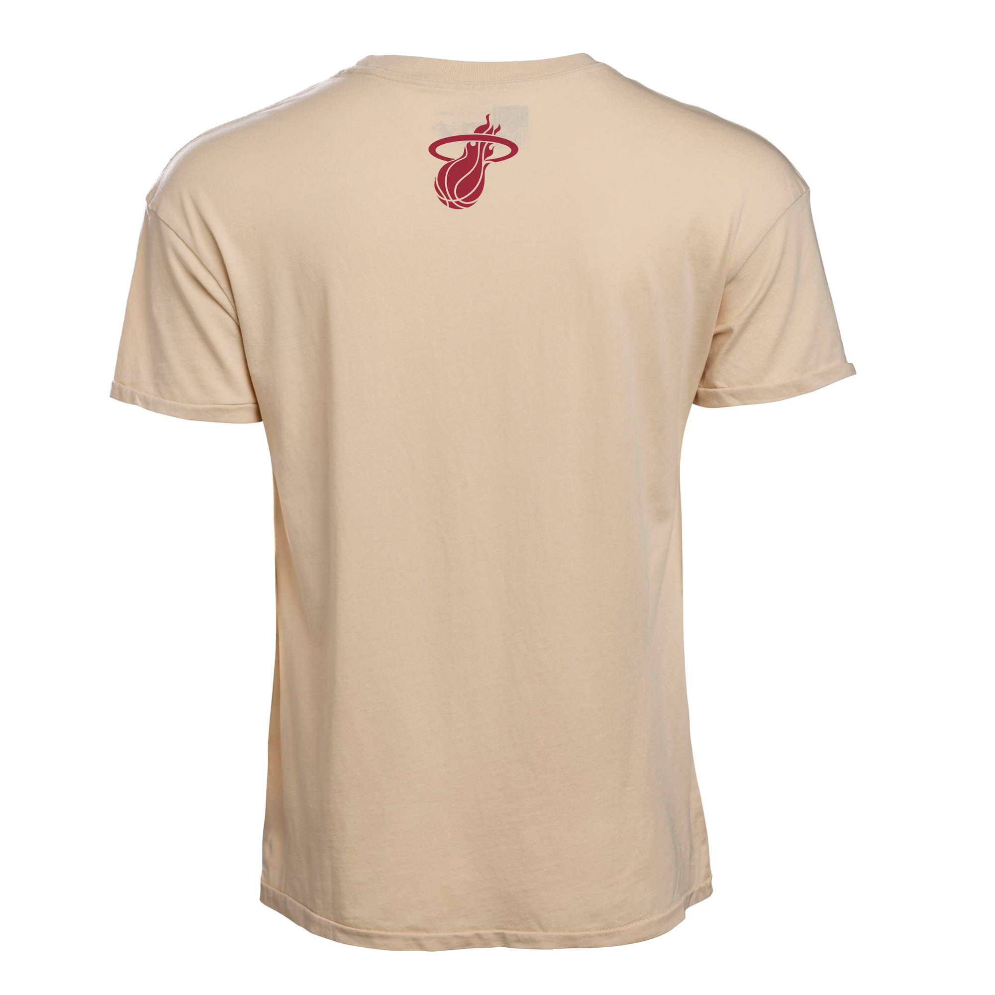 Court Culture La Isla Ivory Tee shown from the back, featuring a red Miami HEAT basketball logo near the upper back just below the collar.