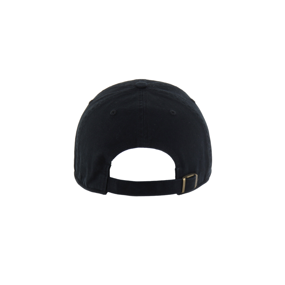 The '47 Brand Miami HEAT Original Vice Nights Dad Hat in black cotton is shown from the back, featuring an adjustable strap with a metal buckle and small opening. One size fits most. Plain white background. Spot clean only.