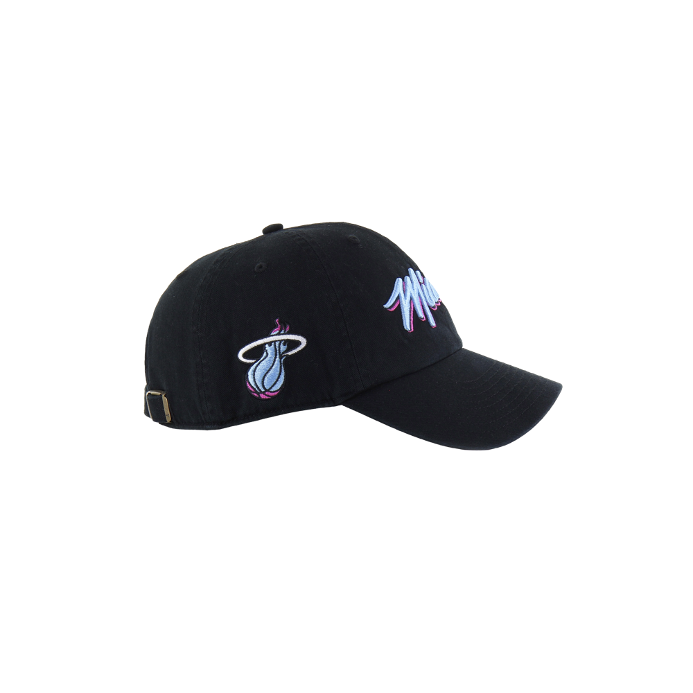 The '47 Brand Miami HEAT Original Vice Nights Dad Hat is a black cotton cap with the Miami Heat logo on the side and 