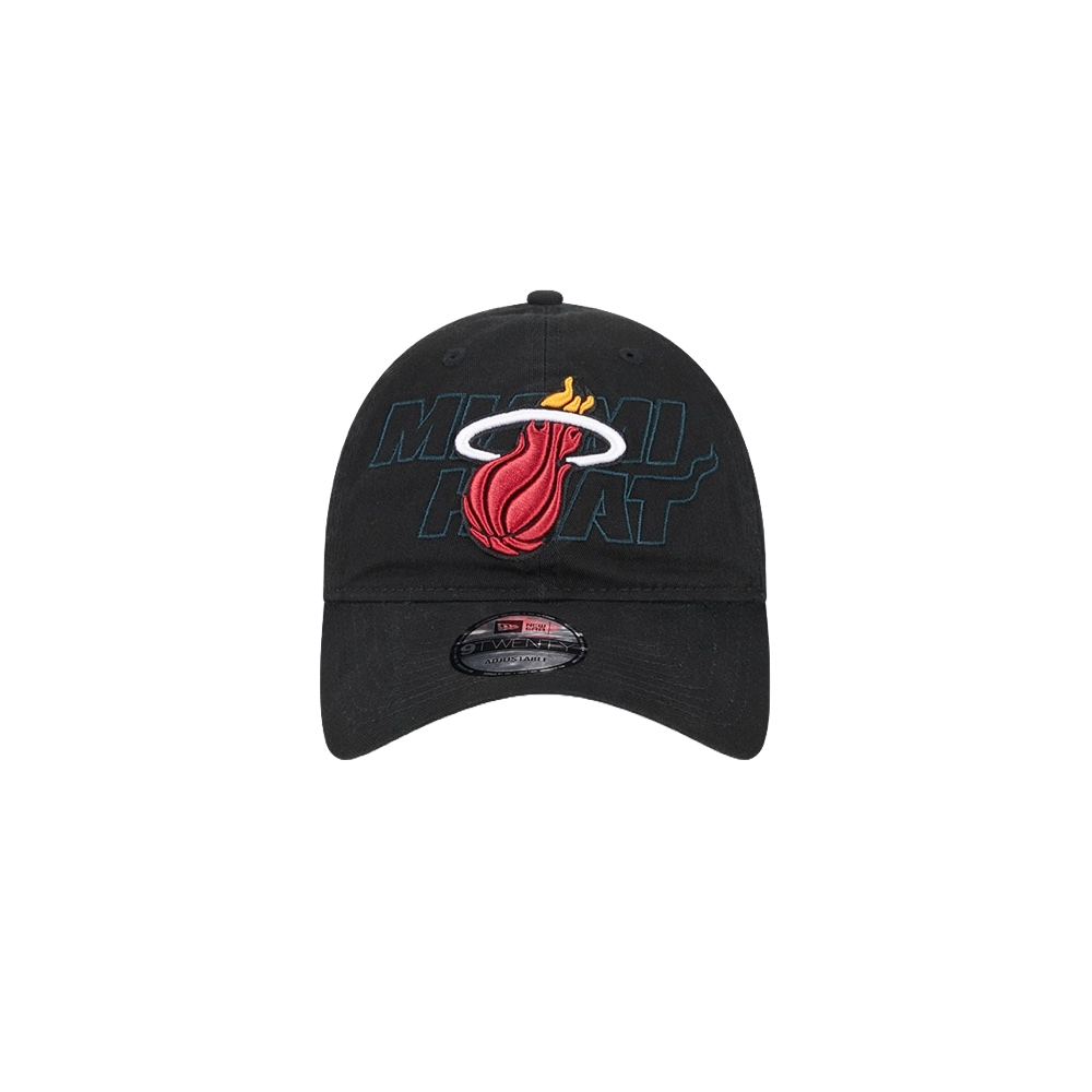 Black adjustable dad hat with Miami HEAT logo and subtle black text detail. - New Era Miami HEAT 2023 Draft Dad Hat