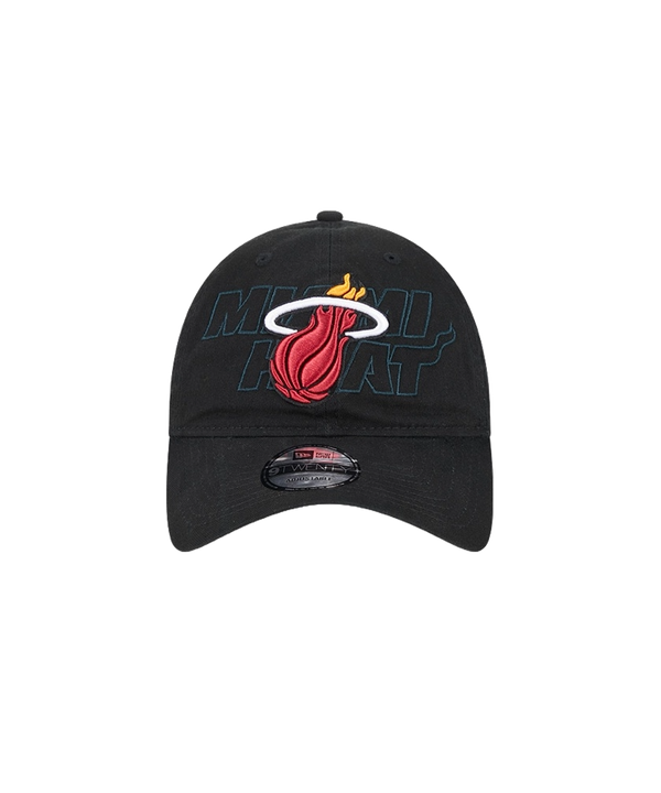 Black adjustable dad hat with Miami HEAT logo and subtle black text detail. - New Era Miami HEAT 2023 Draft Dad Hat