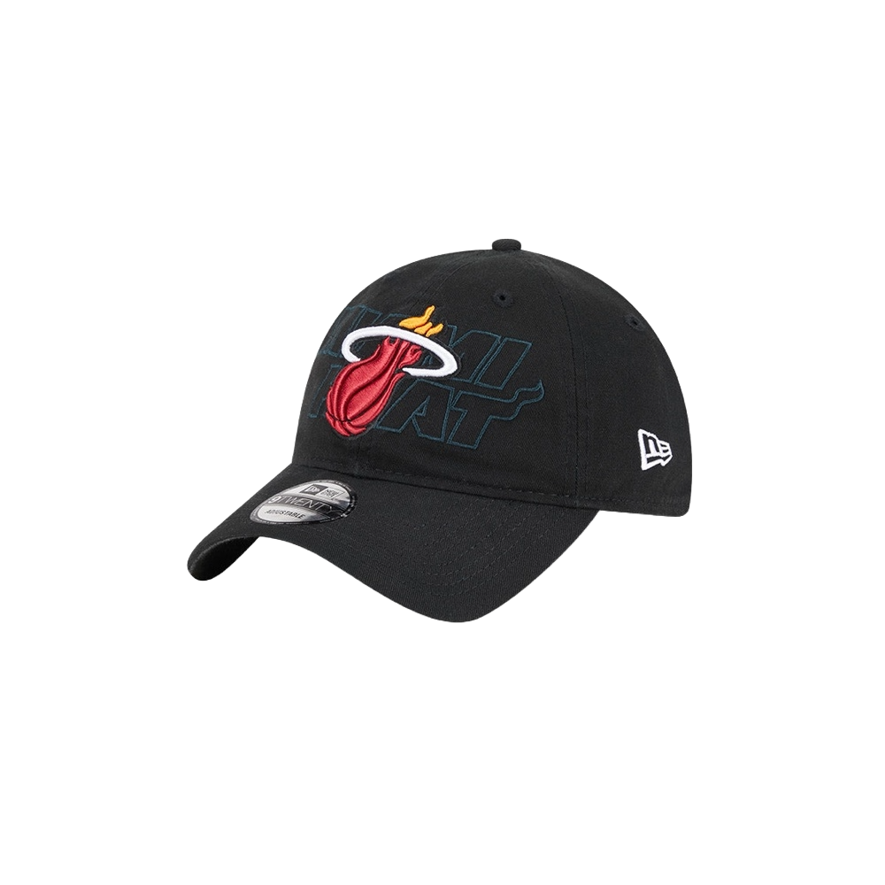 Black New Era dad hat with embroidered red and white Miami HEAT logo and adjustable strap. - New Era Miami HEAT 2023 Draft Dad Hat