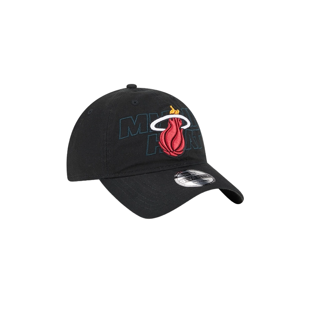 Black New Era dad hat with embroidered Miami HEAT logo and adjustable strap. - New Era Miami HEAT 2023 Draft Dad Hat