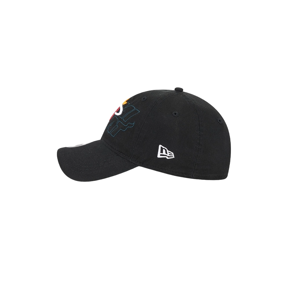 Black New Era dad hat with embroidered multicolor Miami HEAT logo and adjustable strap. - New Era Miami HEAT 2023 Draft Dad Hat