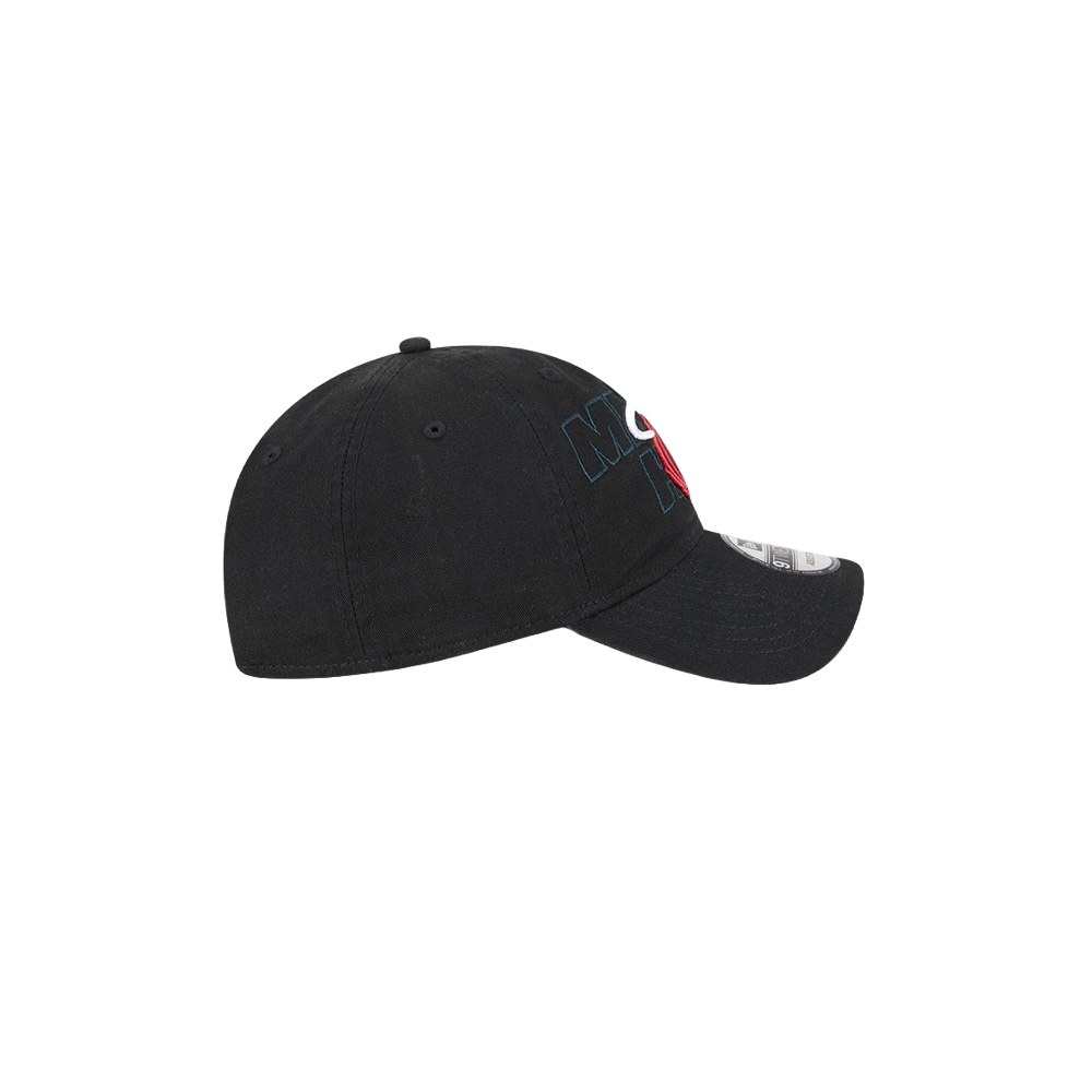Black adjustable New Era dad hat with embroidered Miami HEAT logo in blue and red on front. - New Era Miami HEAT 2023 Draft Dad Hat