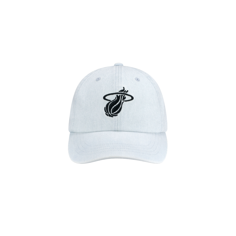 The Miami HEAT Light Denim Logo Hat by Item Of The Game features a black team logo on the front, one-size-fits-most fit, and easy spot cleaning. Shown against a plain white background.