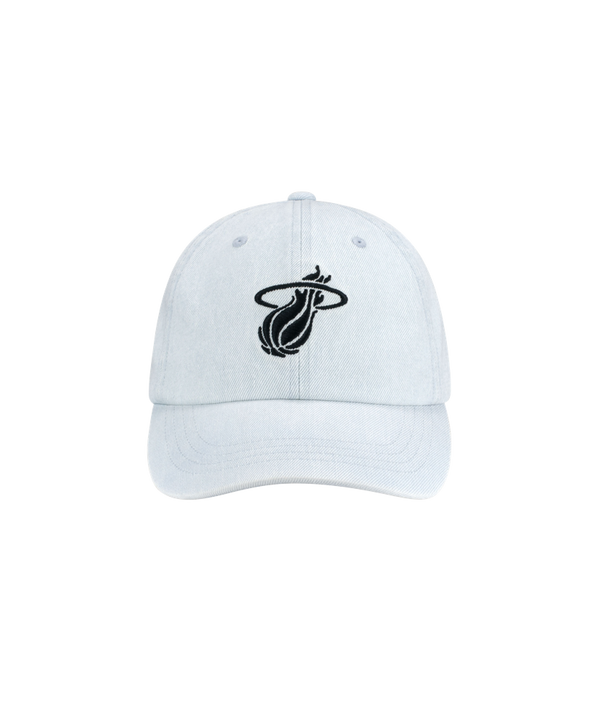 The Miami HEAT Light Denim Logo Hat by Item Of The Game features a black team logo on the front, one-size-fits-most fit, and easy spot cleaning. Shown against a plain white background.