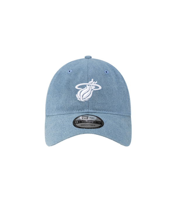 The Court Culture Original Vice Logo Dad Hat features light blue cotton, a white Miami Heat logo embroidered on the front, a black visor sticker, and is displayed on a plain white background; one size fits most and is easy to spot clean.