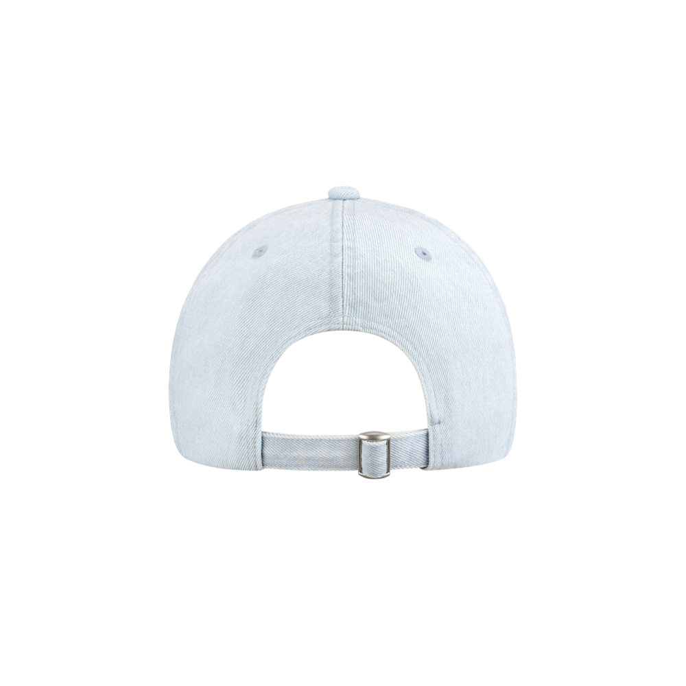 The Miami HEAT Light Denim Logo Hat by Item Of The Game is shown from the back, displaying an adjustable strap with metal clasp and a button on top. One size fits most. Set against a plain white background.