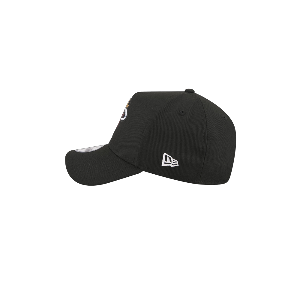 The New Era Miami HEAT 2026 Draft Snapback is a black polyester hat shown in side profile on a white background, featuring a small white New Era logo near the back; one size fits most and it's easy to spot clean.