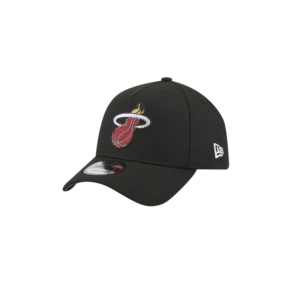 The New Era Miami HEAT 2026 Draft Snapback is a black polyester hat with the Heat logo on the front and New Era logo on the side. One size fits most, easy to spot clean, shown against a white background.