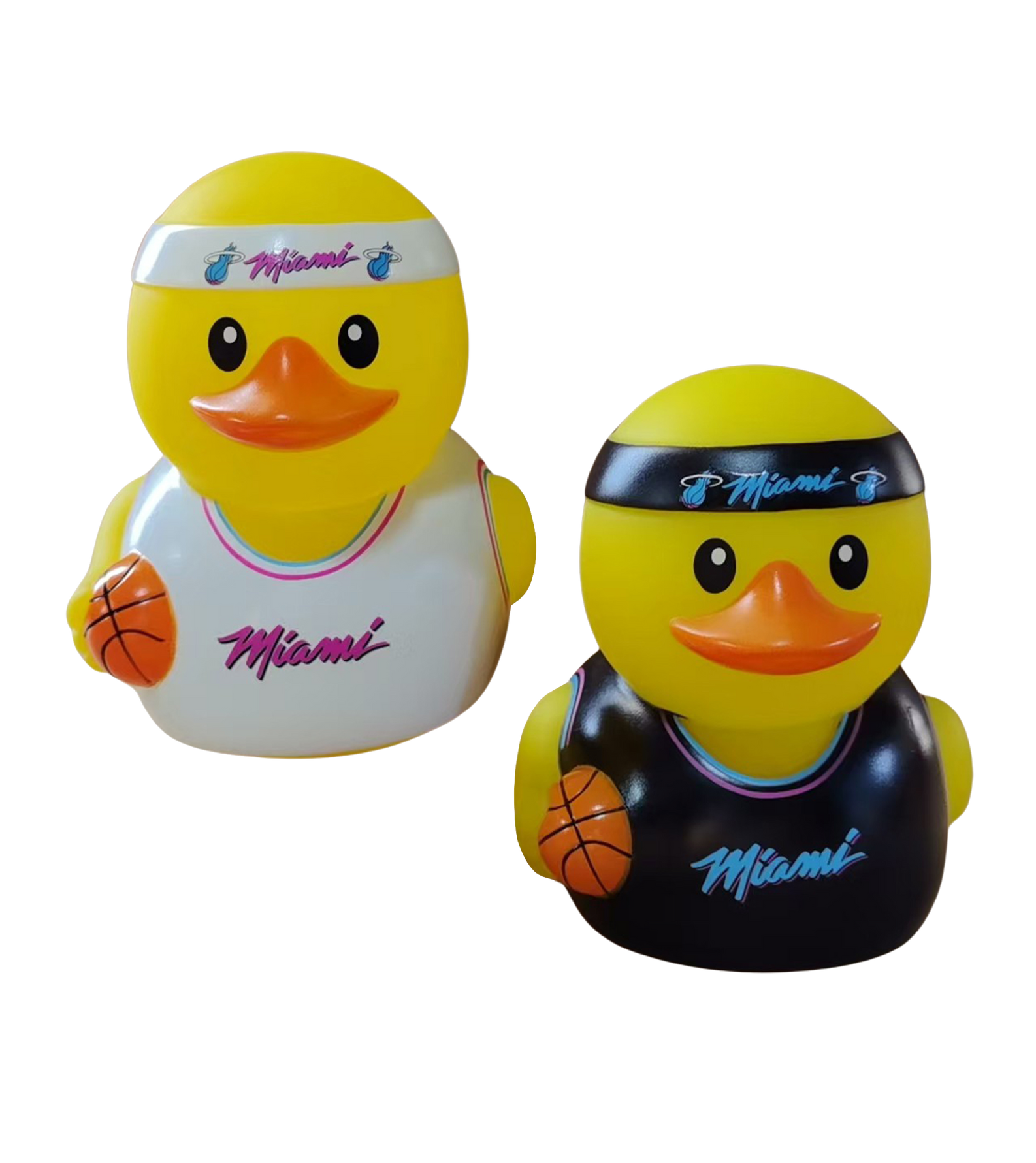 The Miami HEAT Original Vice Nights 2-Pack Vinyl Ducks by Forever Collectibles features two 5-inch officially licensed basketball ducks in Miami-themed jerseys, each holding an orange basketball—perfect for decorative use.