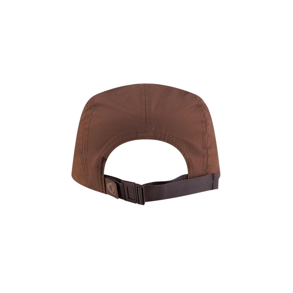 Back view of the Court Culture x New Era Mocha 5-Panel Hat, a brown five-panel polyester cap featuring a dark brown adjustable nylon strap with a plastic buckle for a one size fits most design.