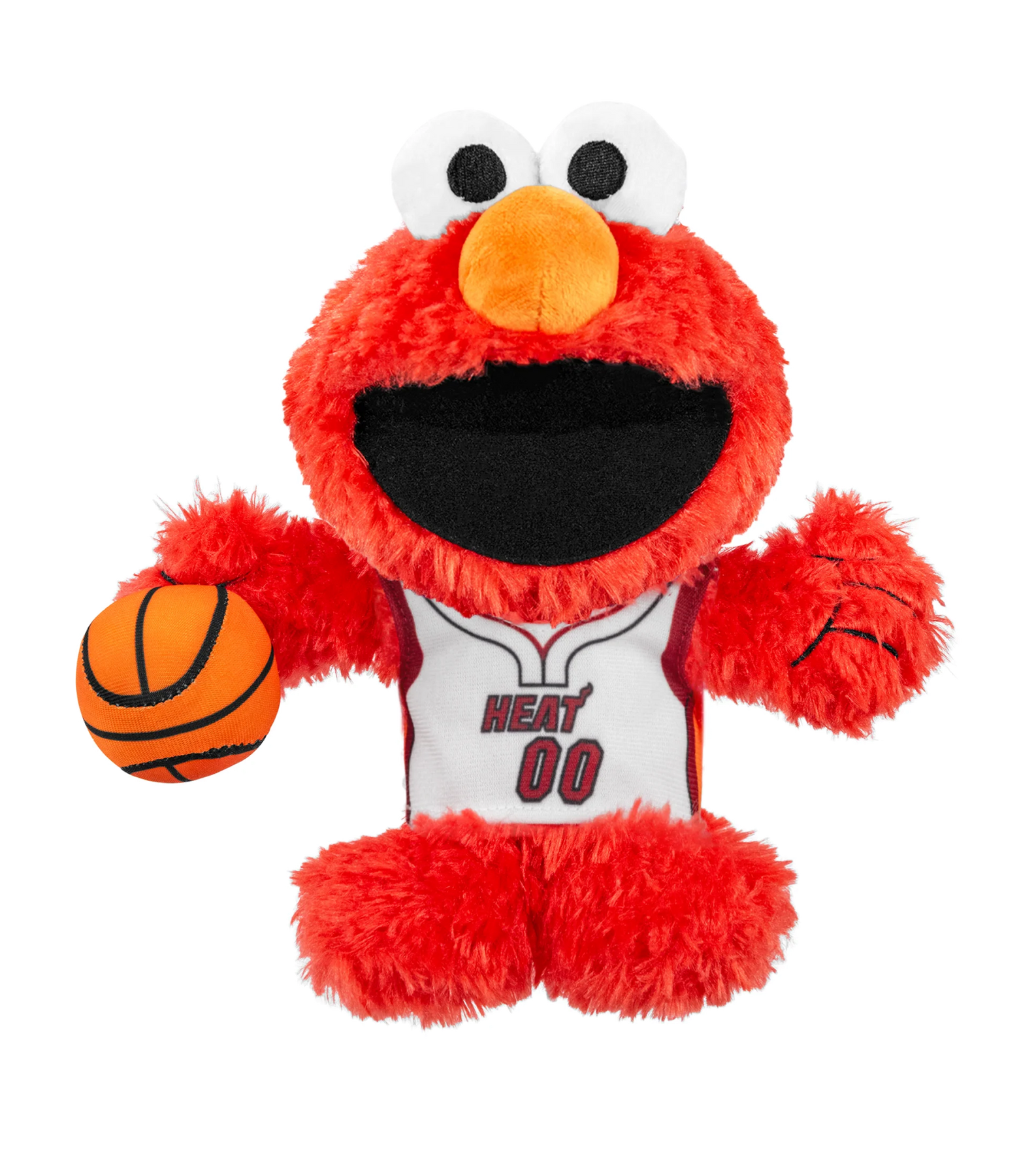 The Bleacher Creatures Miami HEAT Elmo Association Plushie features the beloved Sesame Street character dressed in a white Miami HEAT jersey with “Heat 00” on the front. This sporty plush shows Elmo raising his right hand and holding a small basketball in his left, making him an ideal companion for any fan.