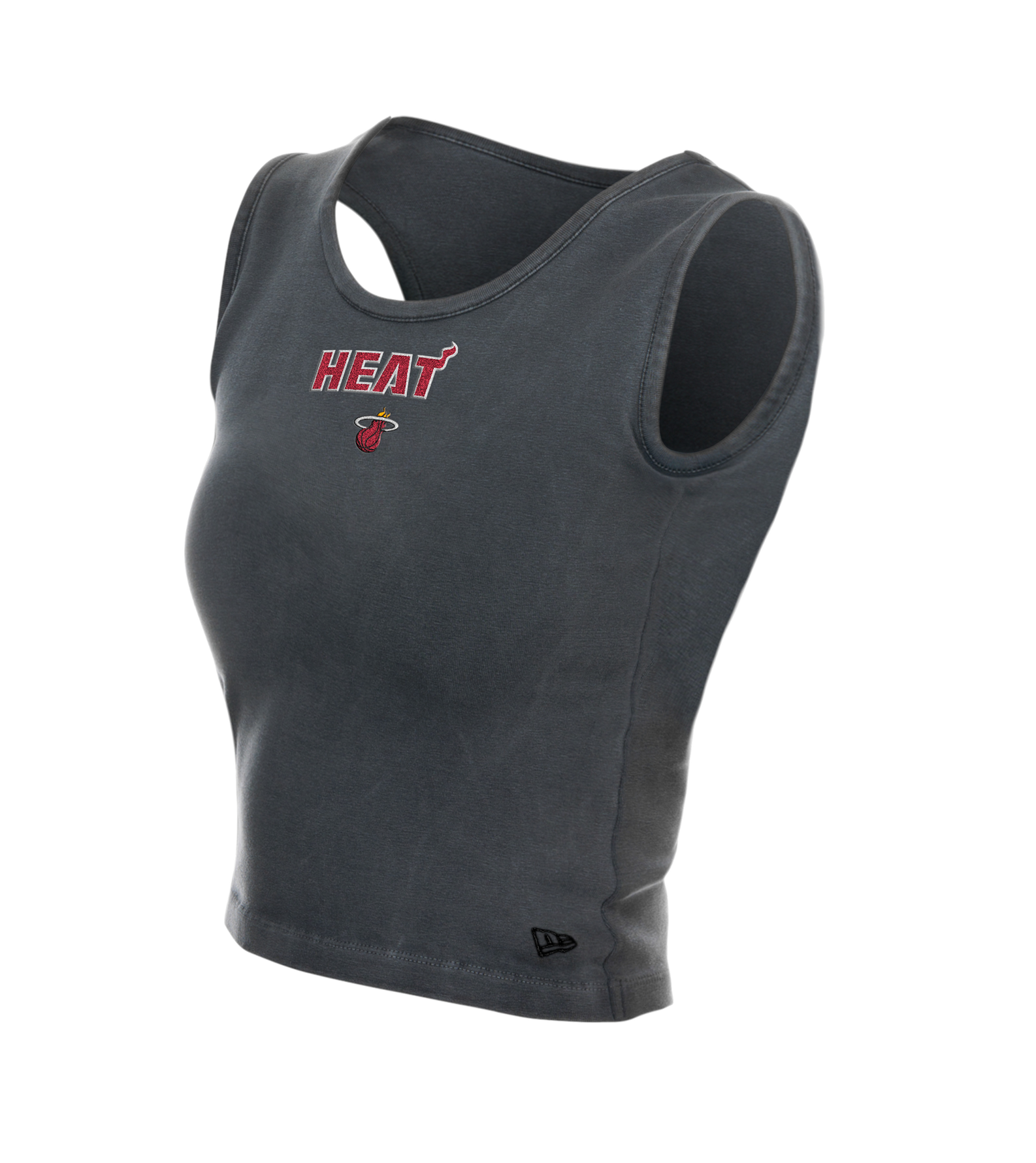 The New Era Miami HEAT Women's Clear Glitter Tank Top is a sleeveless, dark gray crop top in a standard fit with the team logo and name on the front. Made from cotton elastane and best cared for with a cold machine wash.