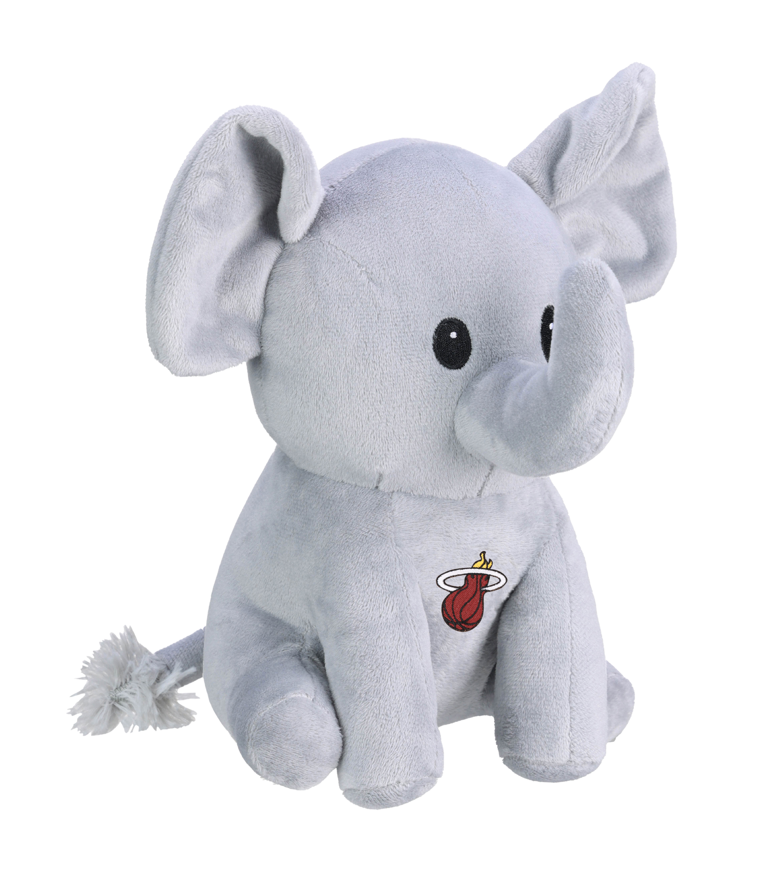 The Miami HEAT Elephant Plushie by Forever Collectibles is a light gray, soft polyester kids’ toy with black eyes, big ears, tufted tail, and NBA team logo on its side. Surface washable for easy cleaning.