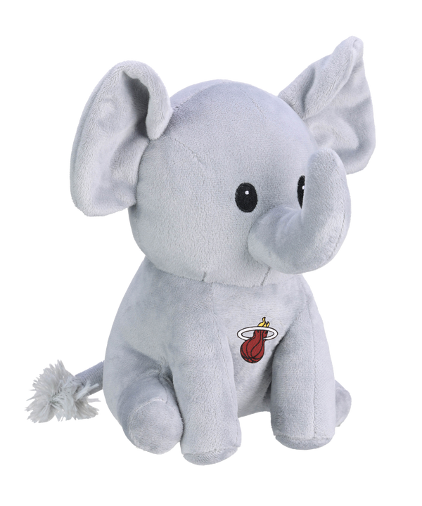 The Miami HEAT Elephant Plushie by Forever Collectibles is a light gray, soft polyester kids’ toy with black eyes, big ears, tufted tail, and NBA team logo on its side. Surface washable for easy cleaning.
