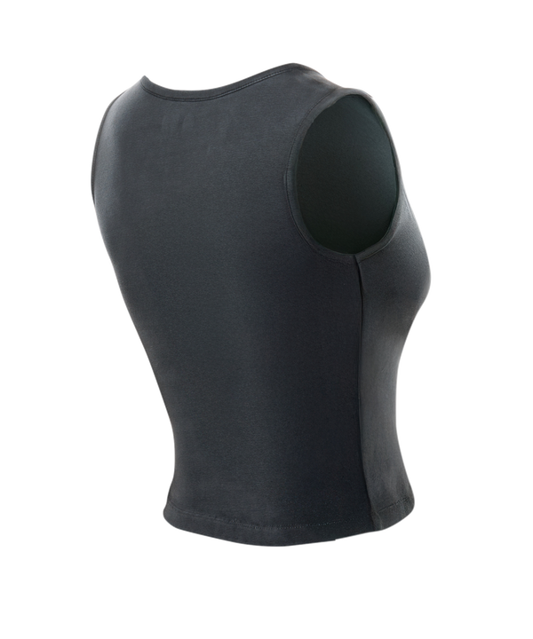 The New Era Miami HEAT Women's Clear Glitter Tank Top is a sleeveless, dark gray crop top in a standard fit with the team logo and name on the front. Made from cotton elastane and best cared for with a cold machine wash.