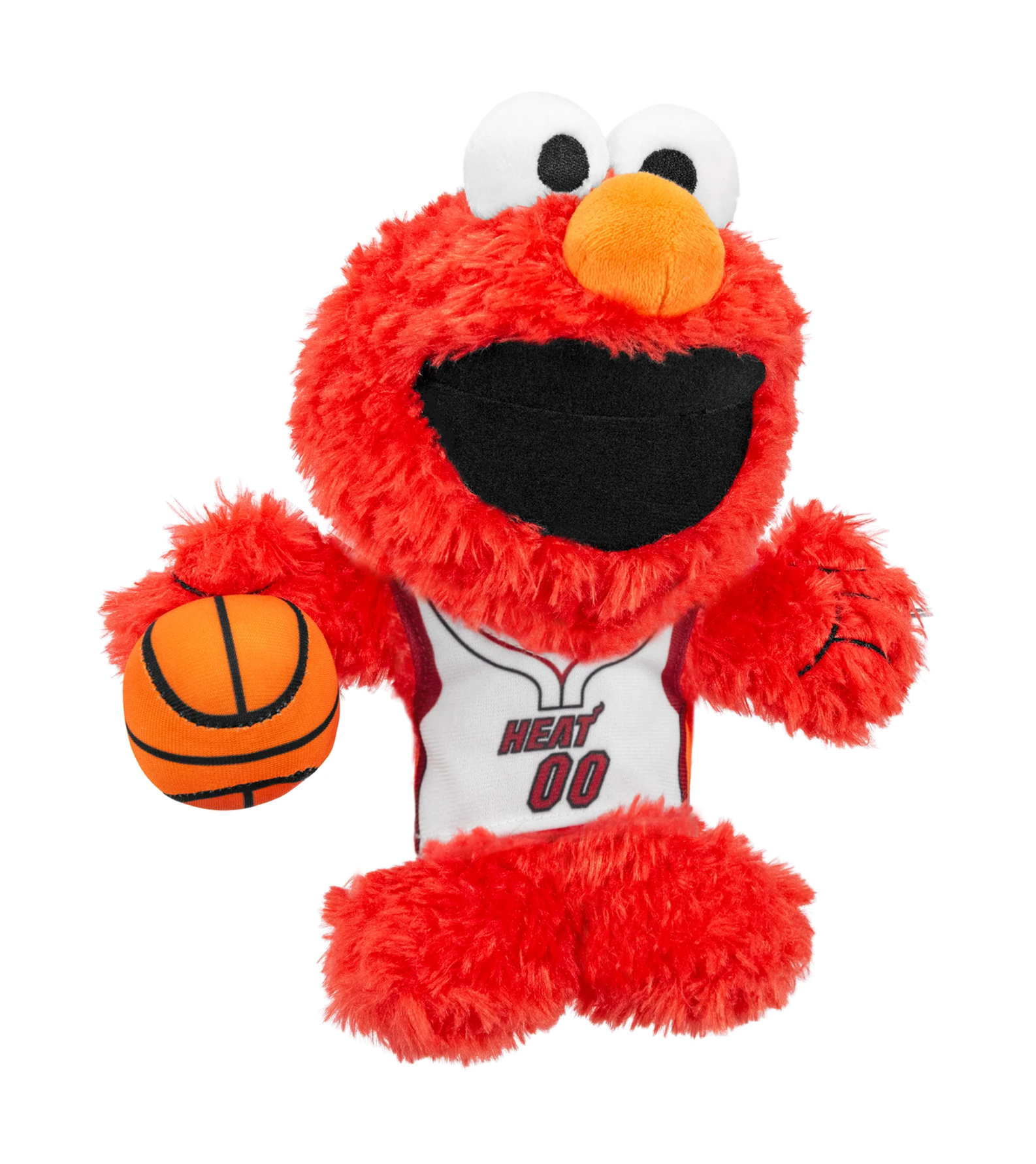 The Bleacher Creatures Miami HEAT Elmo Association Plushie features Elmo in a white Miami HEAT basketball jersey with “Heat 00,” holding a small orange basketball in its left hand—an ideal collectible for fans of Sesame Street, Elmo, or plush toys.