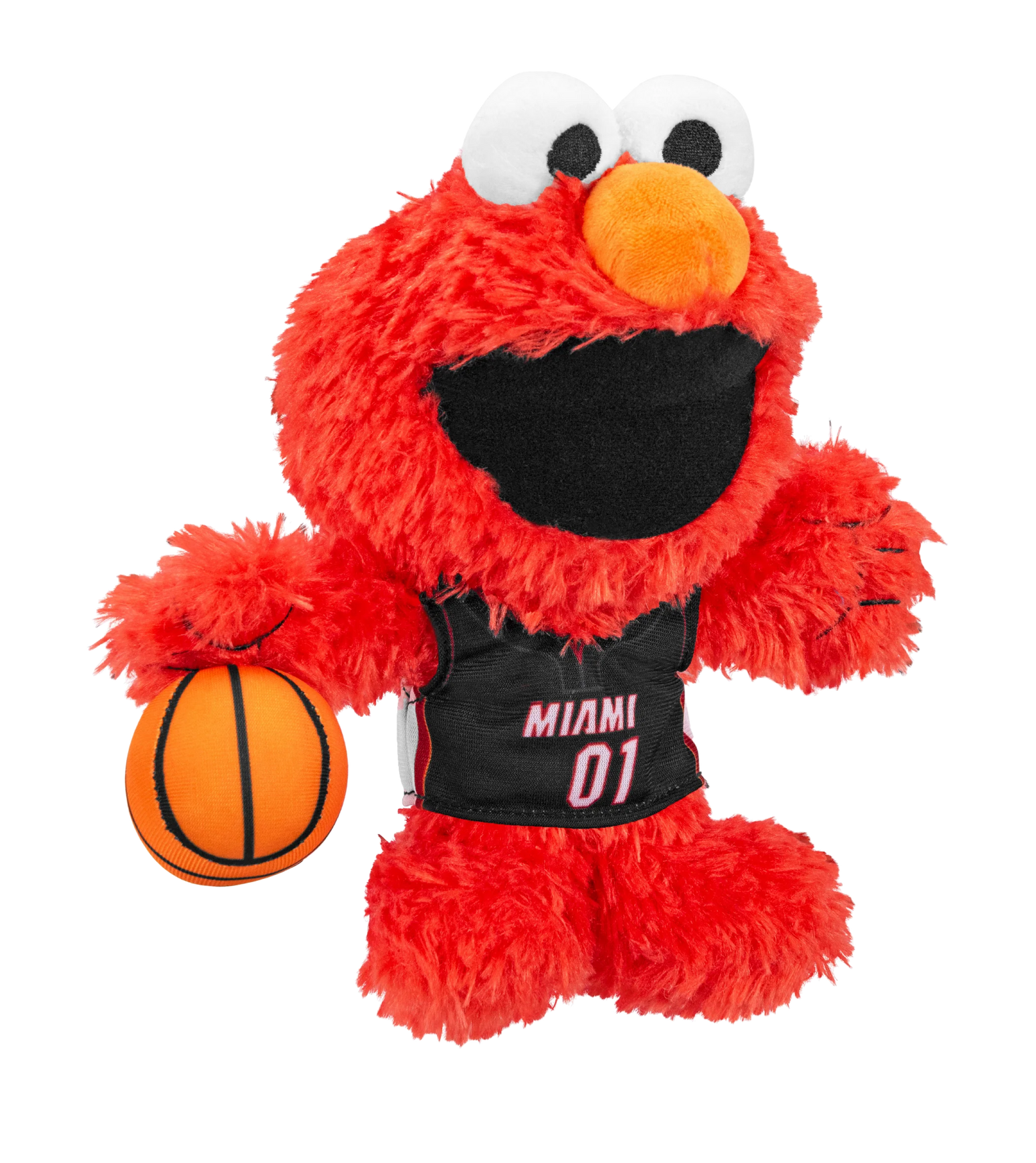 The Miami HEAT Elmo Plush by Bleacher Creatures features Elmo in a black Miami 01 jersey, holding a basketball—an adorable NBA x Sesame Street collectible against a plain white background.