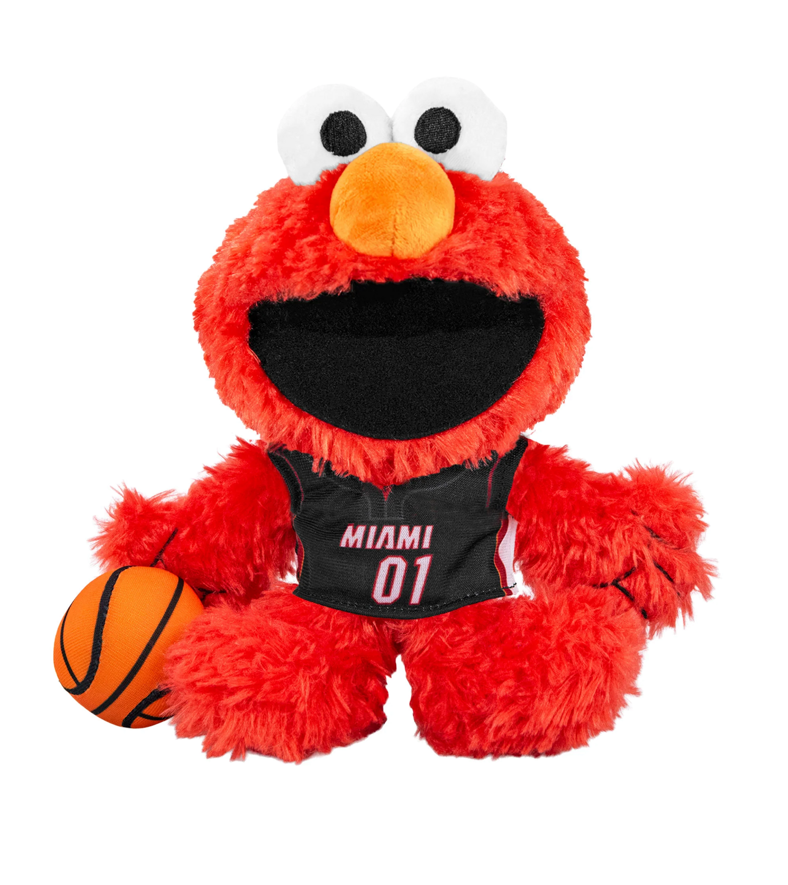The Bleacher Creatures Miami HEAT Elmo Plush features Elmo in a black Miami 01 jersey holding an orange basketball—an adorable NBA x Sesame Street collectible for fans of all ages.